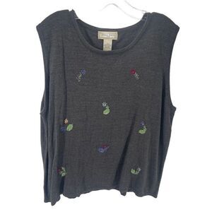 Studio Works Womens Tank Shirt Top Multicolor Floral Embroidered Acrylic Gray 2X
